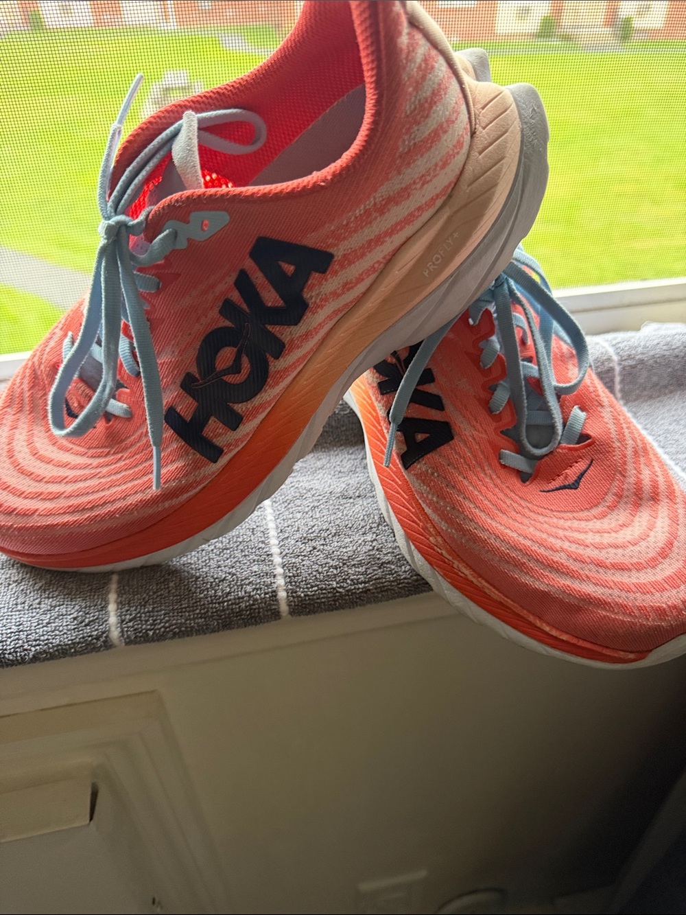 Hoka Women's Coral Running Sneakers with Light Blue Laces Size 9
